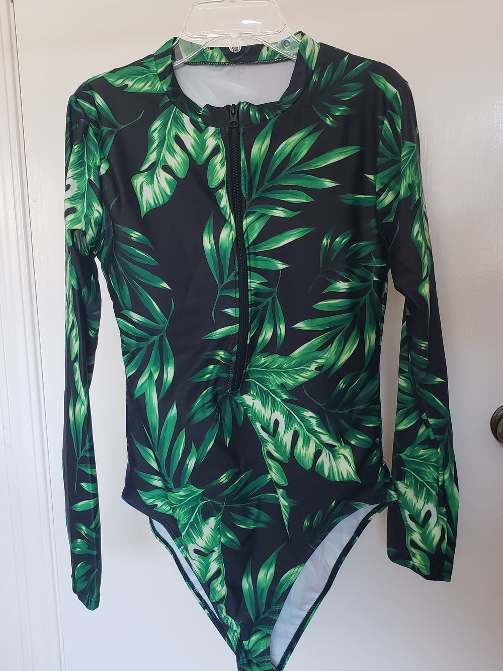 SHEIN Black & Green Tropical Leaf Long-Sleeve One-Piece